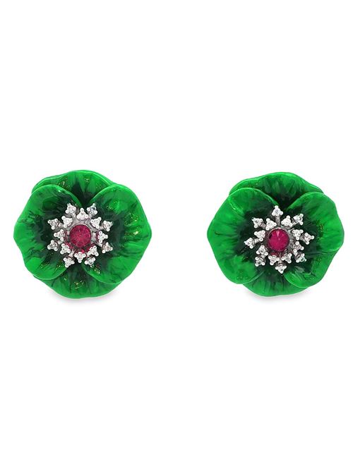 Orecchini pendenti con cristalli e rubini, smaltati di verde. GOCCIAZZURRA JEWELS | ORBLOSSOMRODIOVERDE